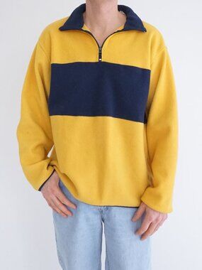 Vintage Court Club Yellow Navy Rugby Stripe Quarter Zip Fleece Pullover M